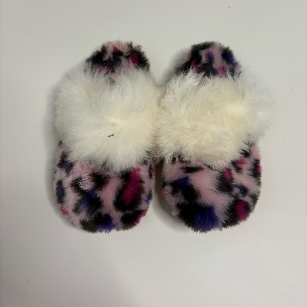 UGG Kids Size 12 Fuzzy Leopard Print Slippers with White Fluff